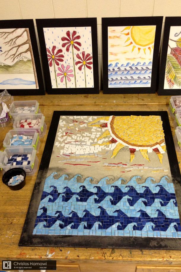 Mosaic mural in progress, Oak Street  Boston 