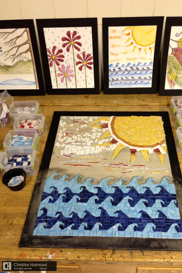 Mosaic mural in progress, Oak Street  Boston 